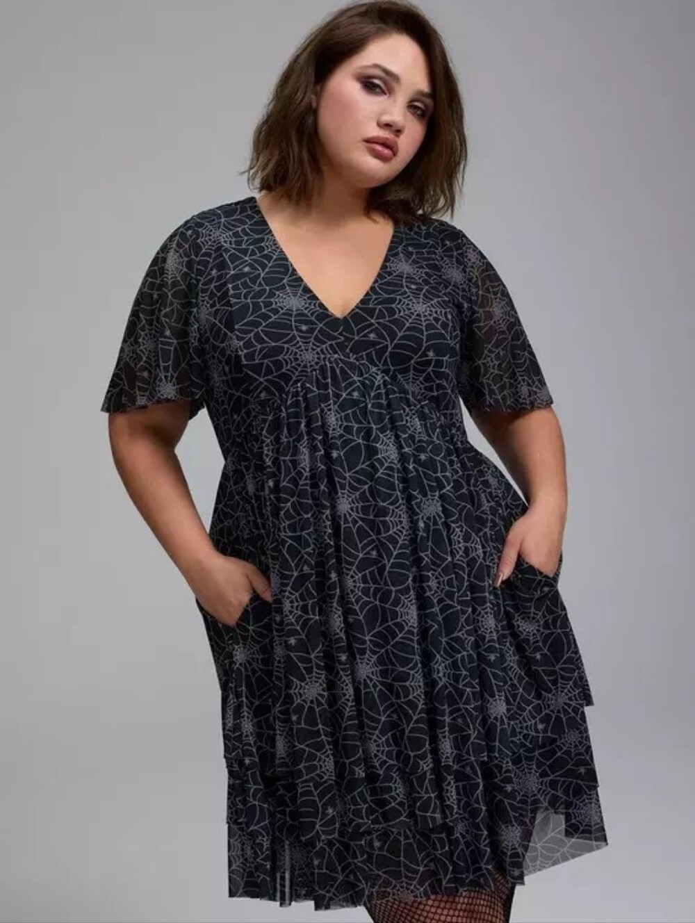 Torrid Nightfall Black Spiderweb V-Neck Swing Tiered Mesh Mini Dress Size 2X